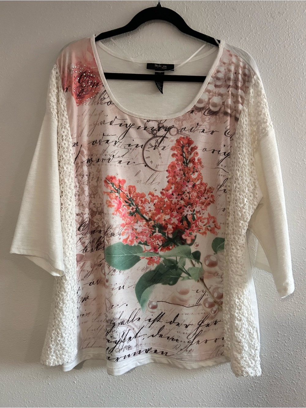 Style & Co. Cream Short-Sleeve Floral Print Top with Lace Panels